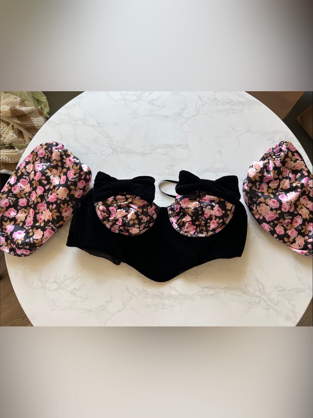 For Love and Lemons Black Bra with Pink Floral Accents